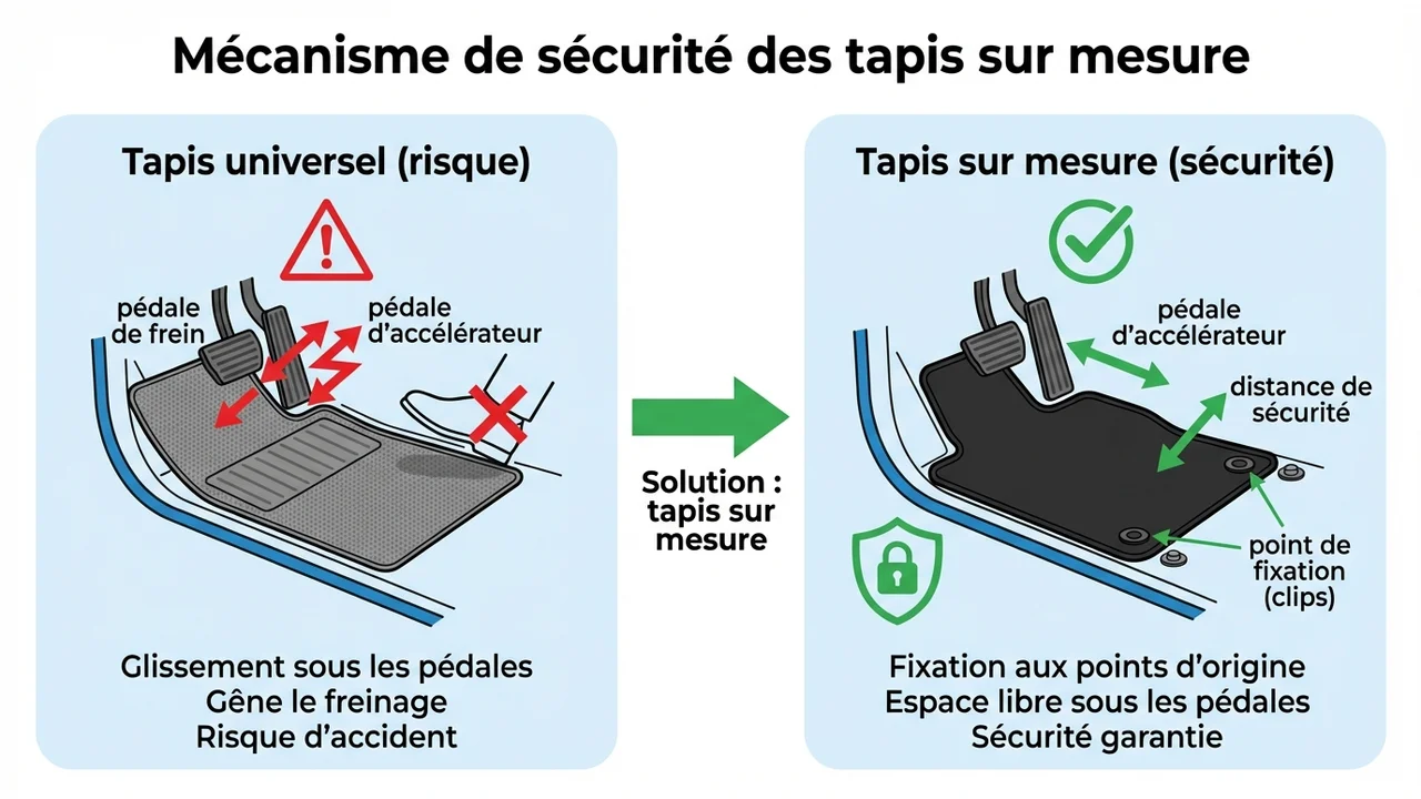 Schéma technique comparant un tapis universel glissant sous les pédales et un tapis sur mesure fixé via les clips d'origine.