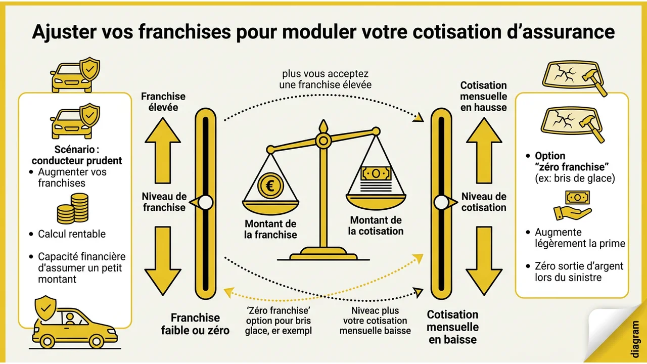 Graphique illustrant la corrélation inverse entre le montant de la franchise et le coût de la prime d'assurance.