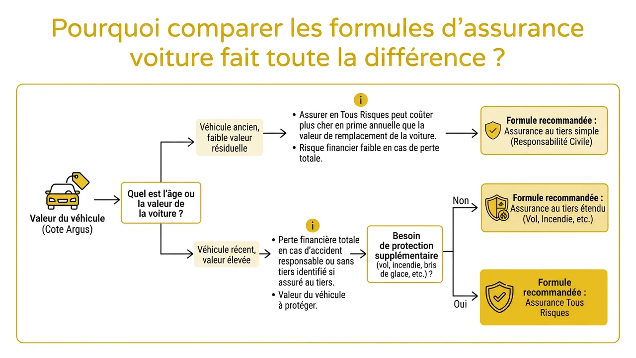 Schéma décisionnel aidant à choisir sa formule selon l'âge du véhicule (0-5 ans, 5-8 ans, +8 ans) et son mode de financement.