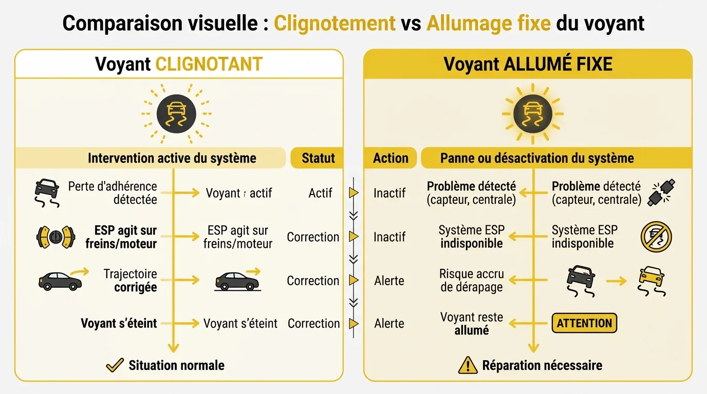Comparaison visuelle : Clignotement vs Allumage fixe du voyant