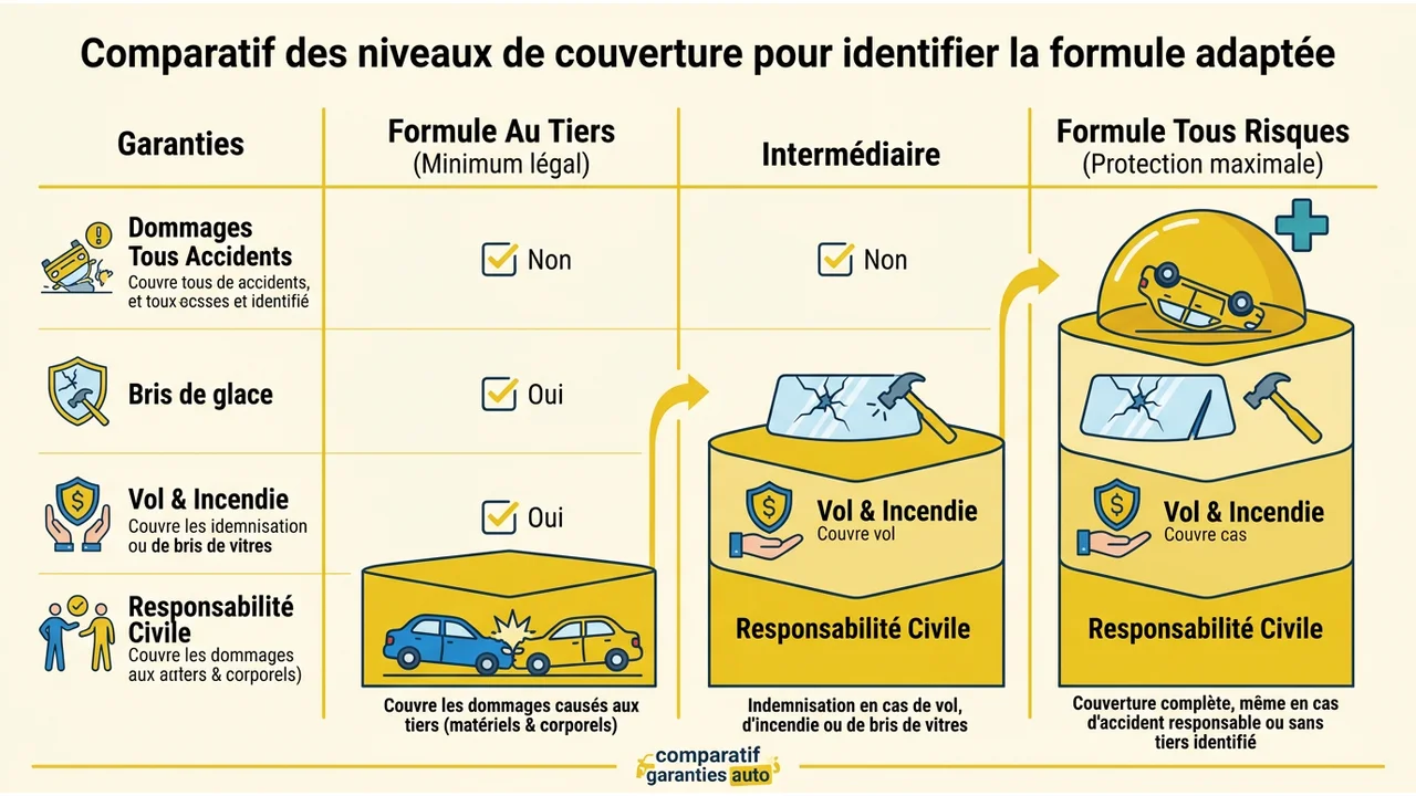 Tableau comparatif des garanties par formule : Tiers, Tiers Étendu et Tous Risques.