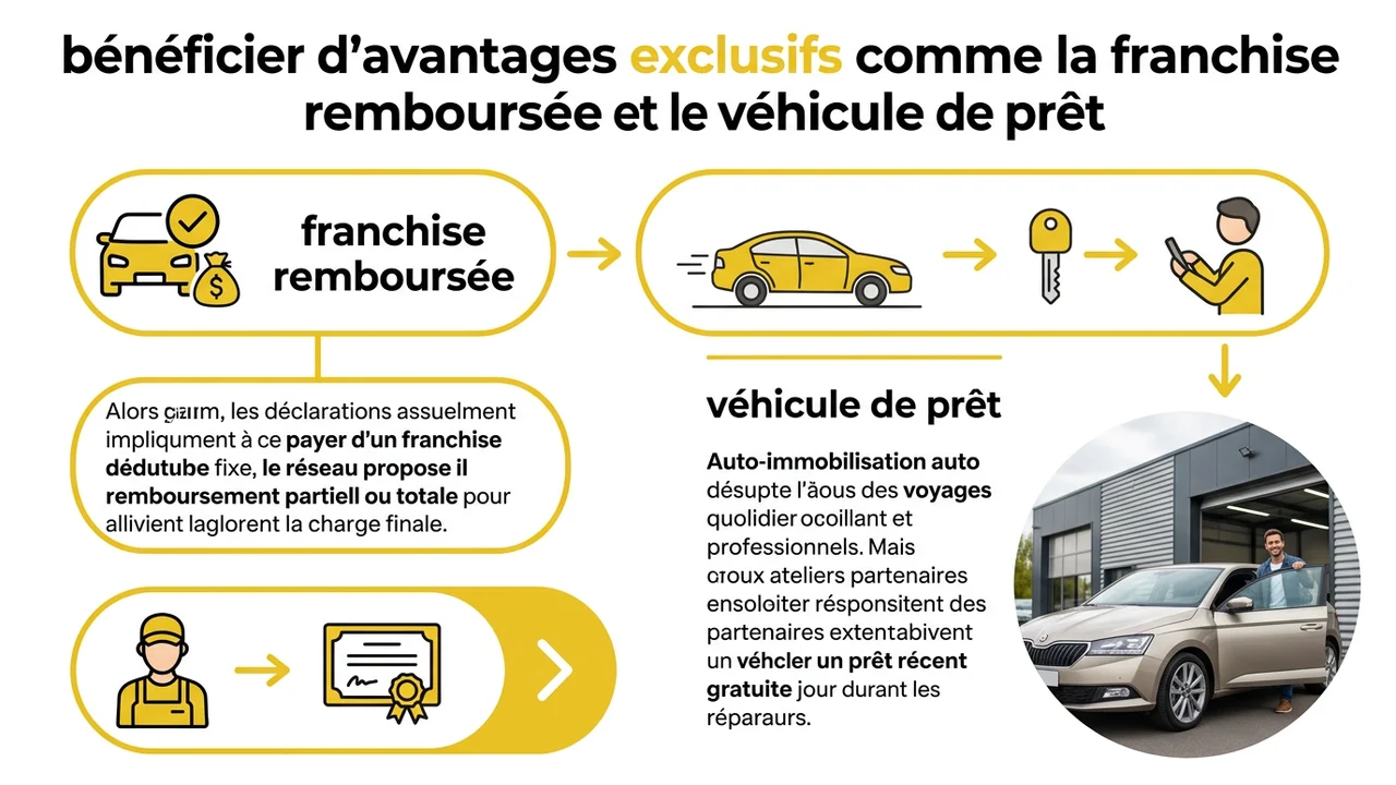 Infographie récapitulative des avantages clients : franchise remboursée, véhicule de prêt gratuit et garantie à vie des travaux.