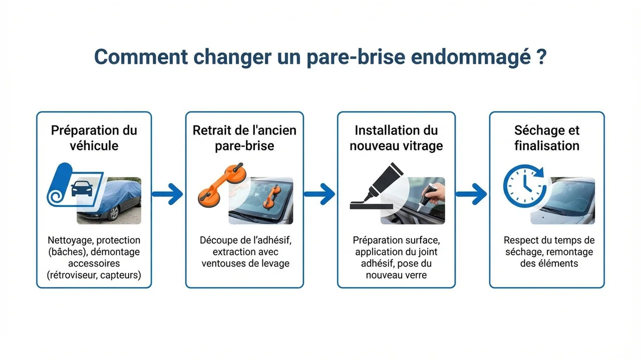 Diagramme de flux illustrant la préparation, le retrait au fil piano, l'application du primaire et la pose du nouveau vitrage.