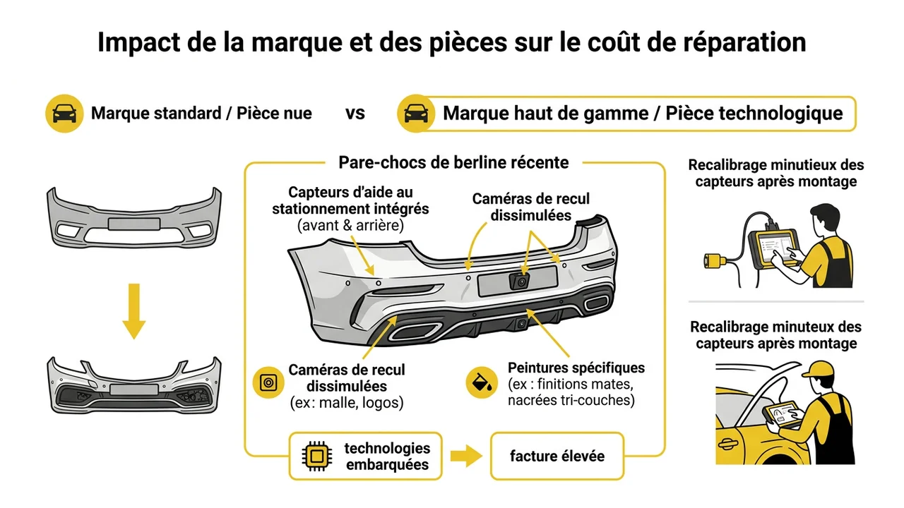 Schéma montrant un pare-chocs moderne avec ses composants intégrés : capteurs ADAS, caméras de recul et peinture multicouche.