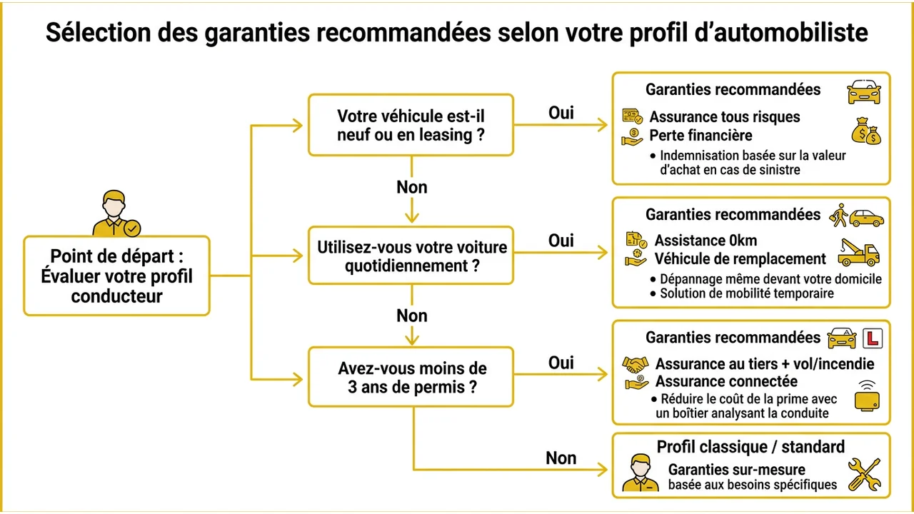 Arbre de décision pour choisir son assurance selon son profil : jeune permis, leasing, ou gros rouleur.