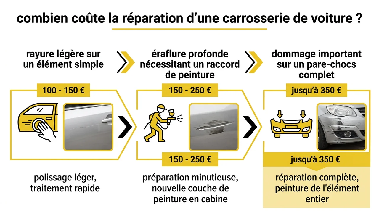 Schéma en coupe d'une carrosserie montrant les couches de vernis et de peinture pour illustrer pourquoi une rayure profonde coûte plus cher qu'un polissage.