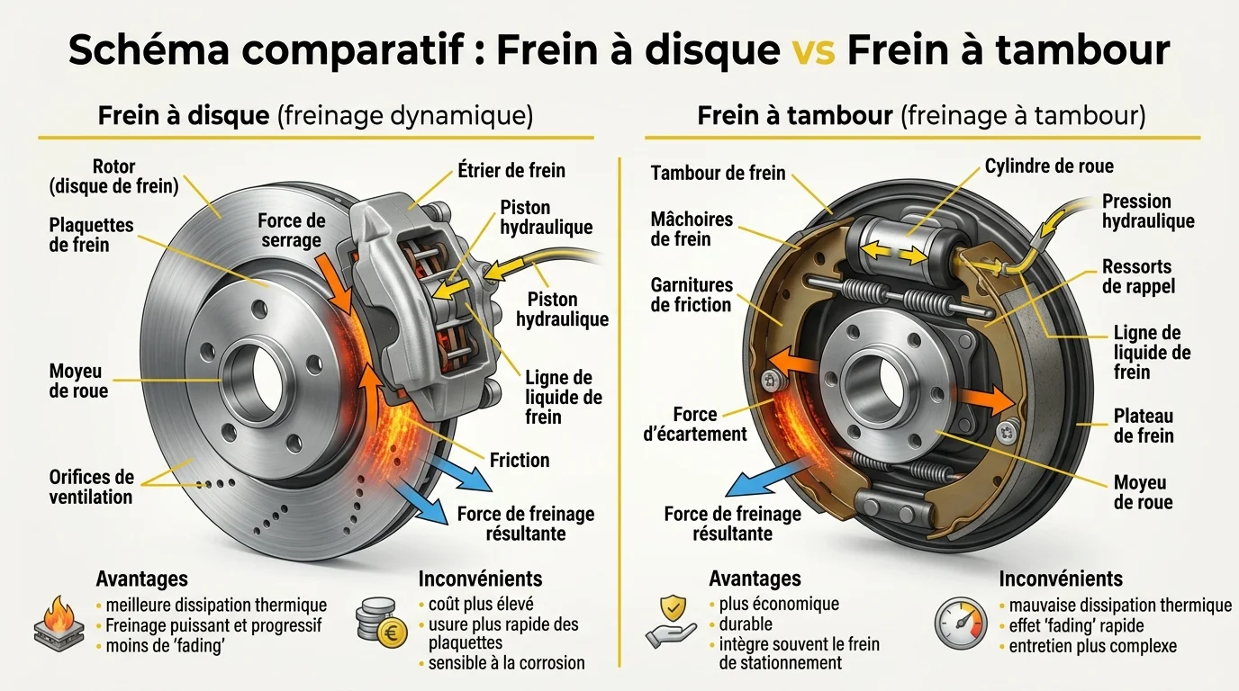 Schéma comparatif : Frein à disque vs Frein à tambour