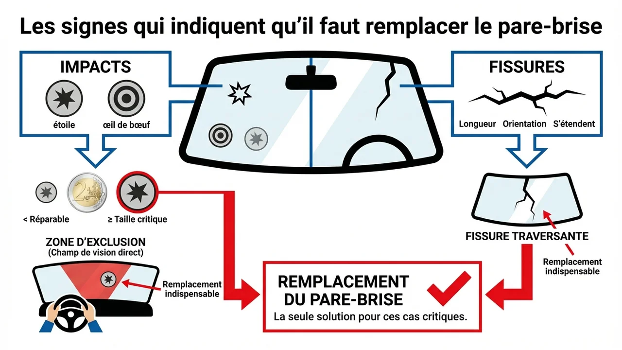 Infographie montrant les différences entre un impact en étoile, en œil de bœuf et une fissure, avec une zone rouge indiquant le champ de vision du conducteur.