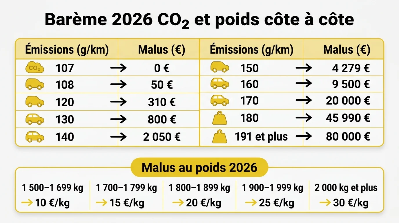 Barème 2026 CO2 et poids côte à côte