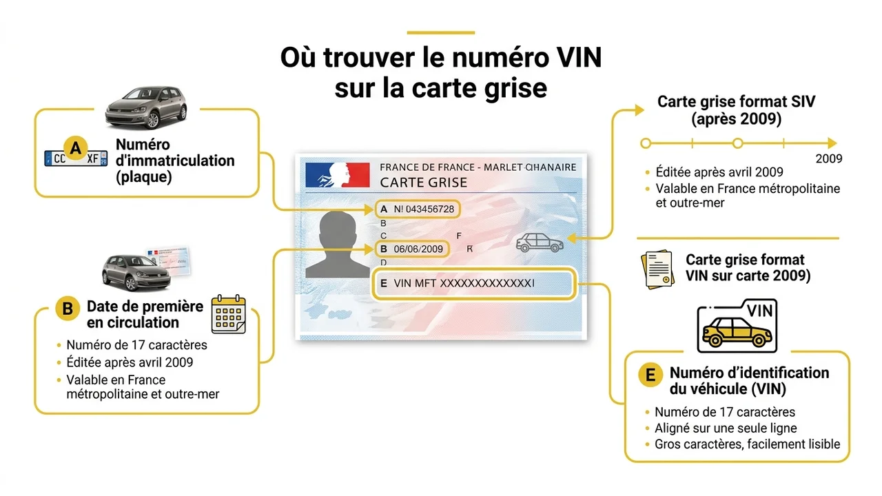 Gros plan sur la partie supérieure d'une carte grise SIV mettant en évidence le champ E avec un repère visuel sur les 17 caractères du VIN.