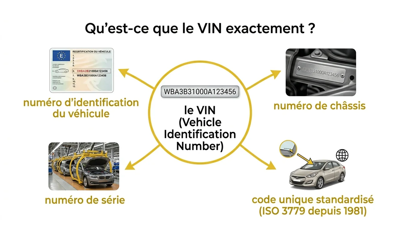 Schéma montrant les termes équivalents : Numéro de châssis, Numéro de série, et Numéro d'identification du véhicule reliés au sigle VIN.
