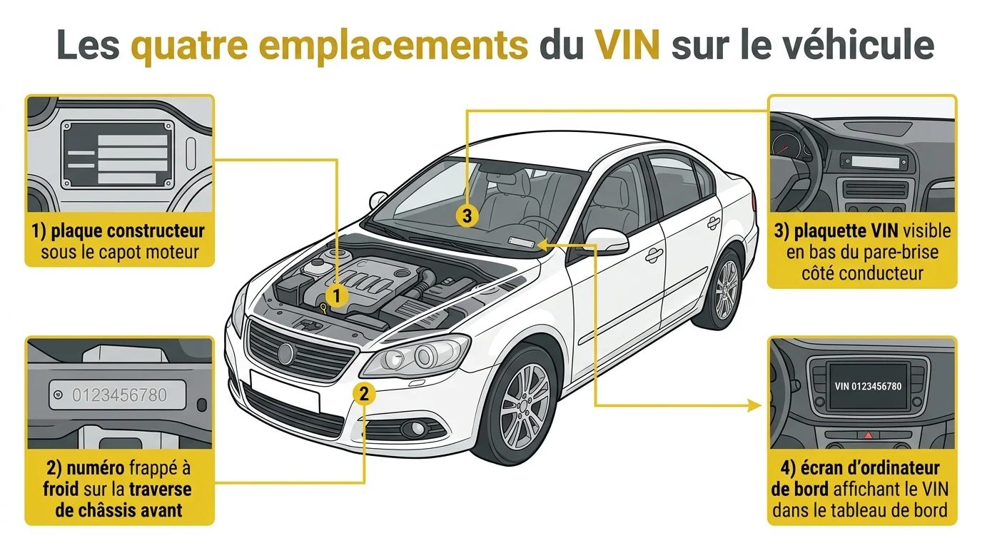 Les quatre emplacements du VIN sur le véhicule