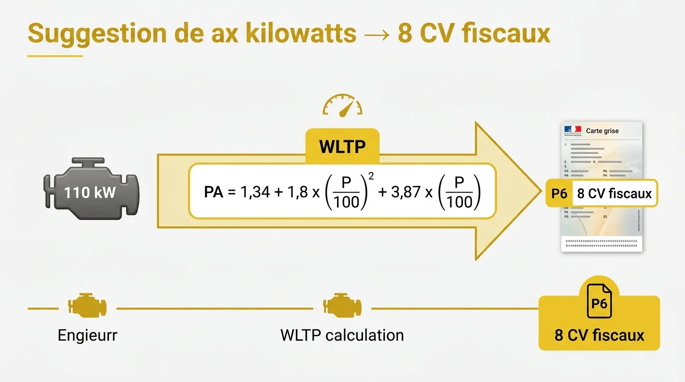 Schéma de conversion kW vers chevaux fiscaux avec formule WLTP
