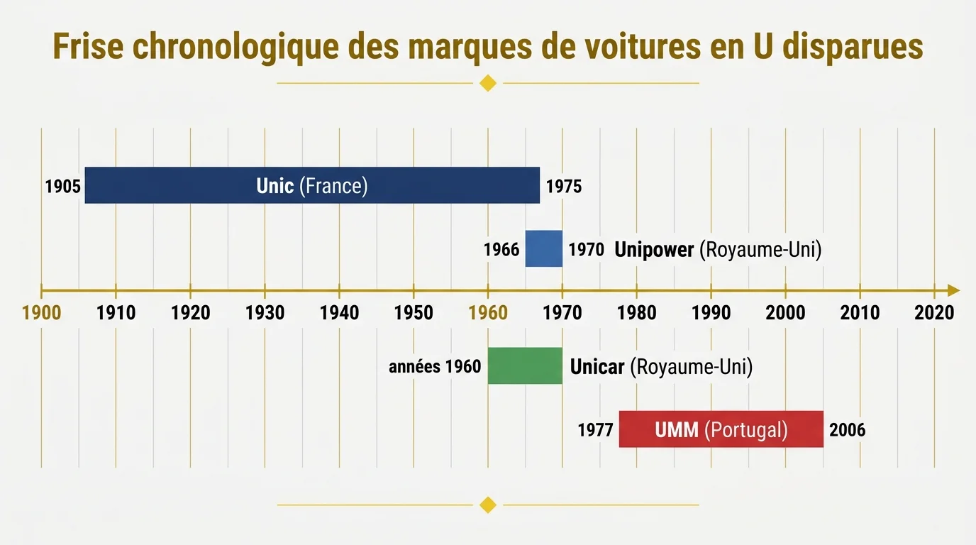 Frise chronologique des marques de voitures en U disparues
